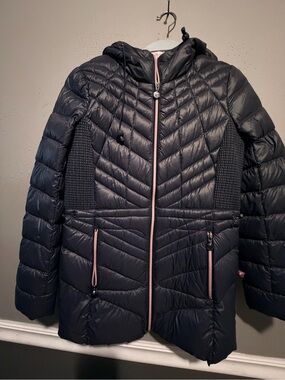 Bernardo Black Puffer Jacket with Pink Lining and Orange Trim